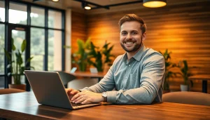 Headhunter Gastronomie arbeitet in einem modernen Büro mit Laptop und Tablet.