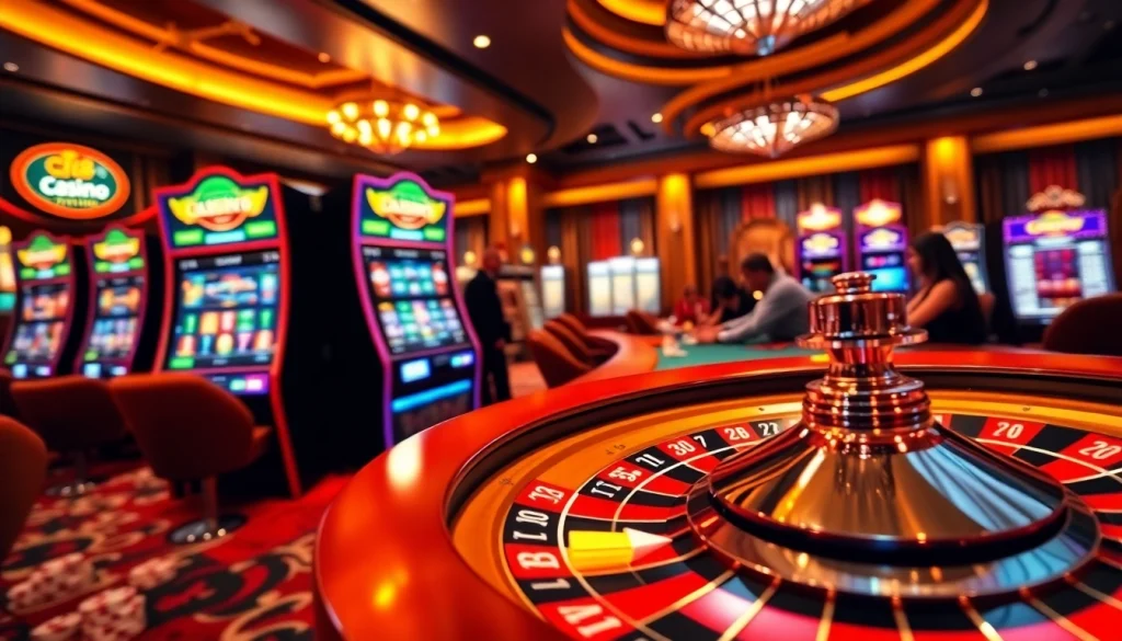 C168 casino offering high-stakes poker tables and vibrant slot machines in a luxurious setting.