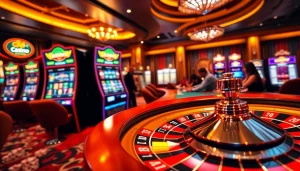 C168 casino offering high-stakes poker tables and vibrant slot machines in a luxurious setting.