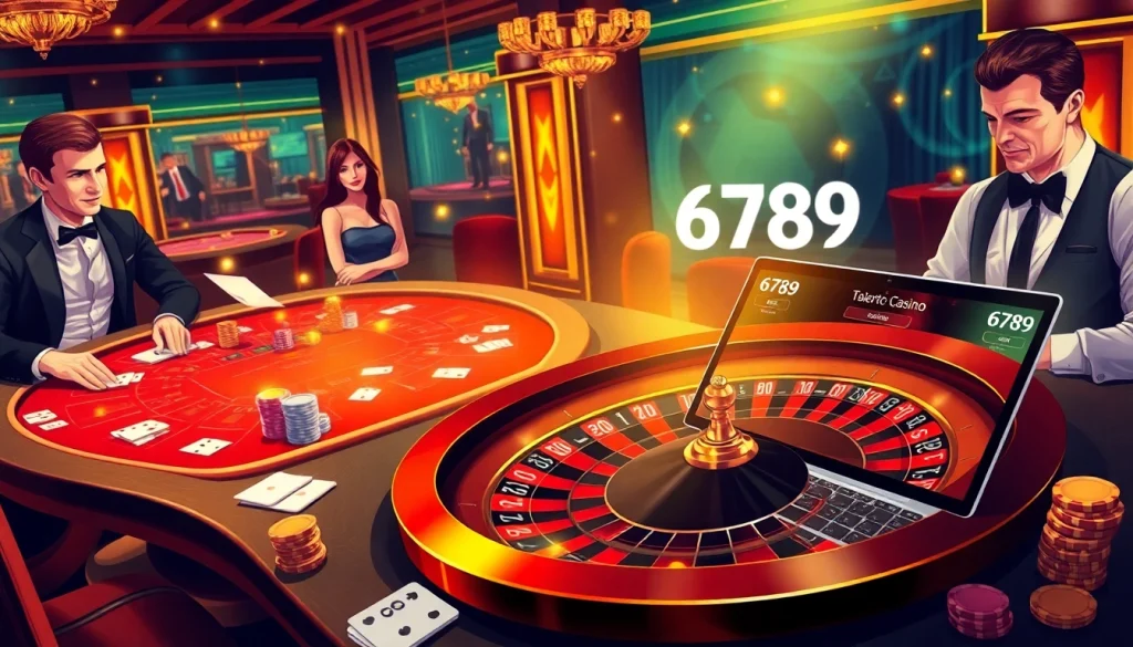 Exciting casino scene showcasing gameplay and vibrant atmosphere at 6789 with poker tables and roulette wheel.
