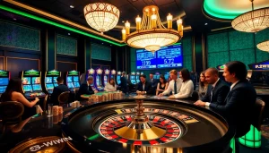 Players enjoying the thrilling 52WIN experience at a luxurious casino, with roulette and poker tables.