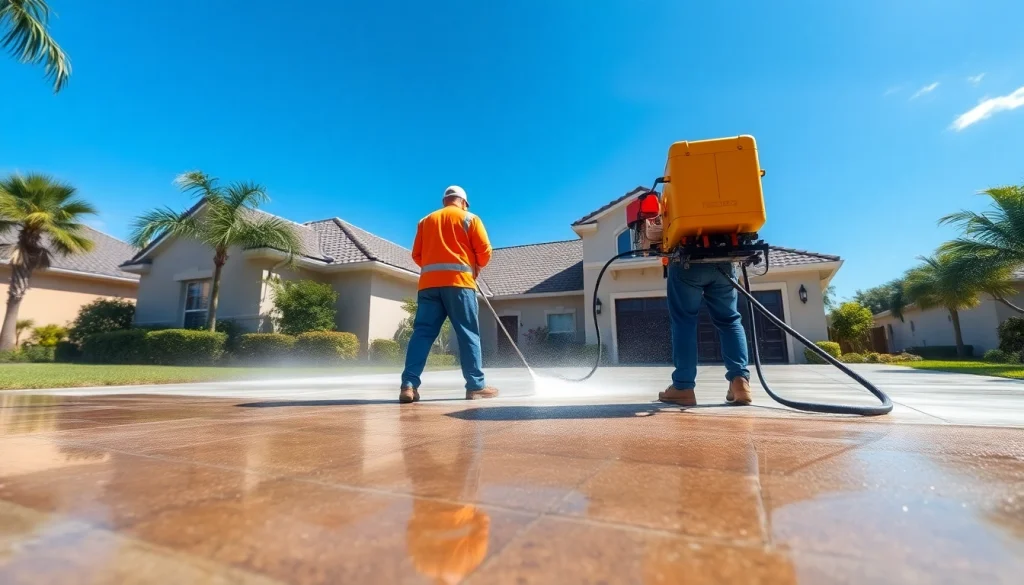 Efficient concrete cleaning in Kissimmee, showcasing professionals using pressure washing equipment