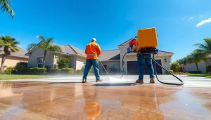 Efficient concrete cleaning in Kissimmee, showcasing professionals using pressure washing equipment