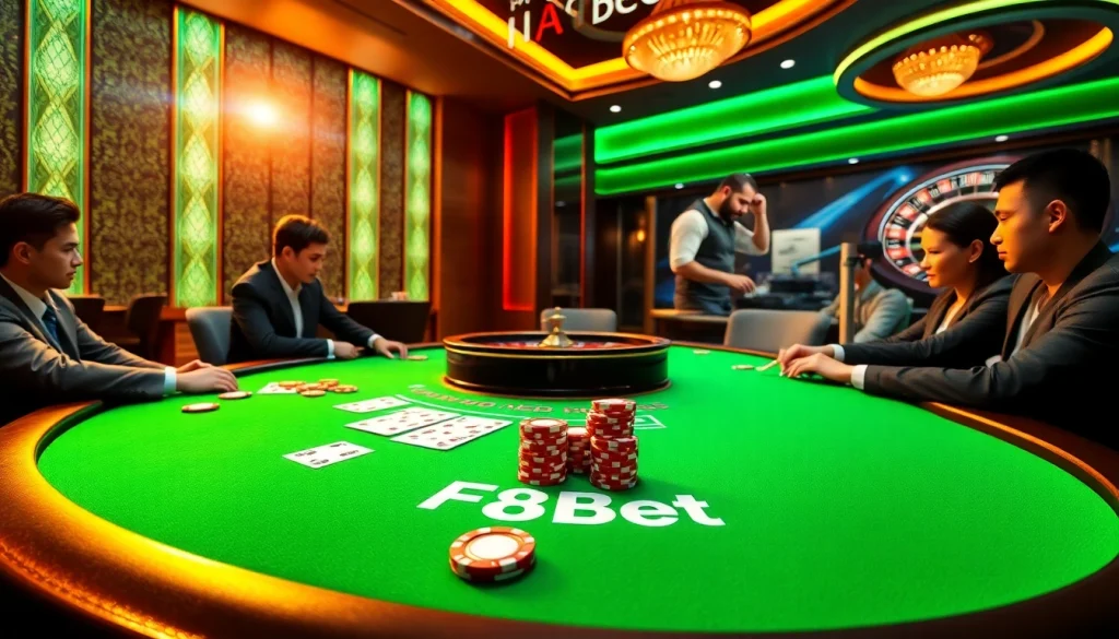 Players enjoying a poker game at F8Bet with vibrant chips and glamorous casino ambiance.