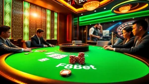 Players enjoying a poker game at F8Bet with vibrant chips and glamorous casino ambiance.