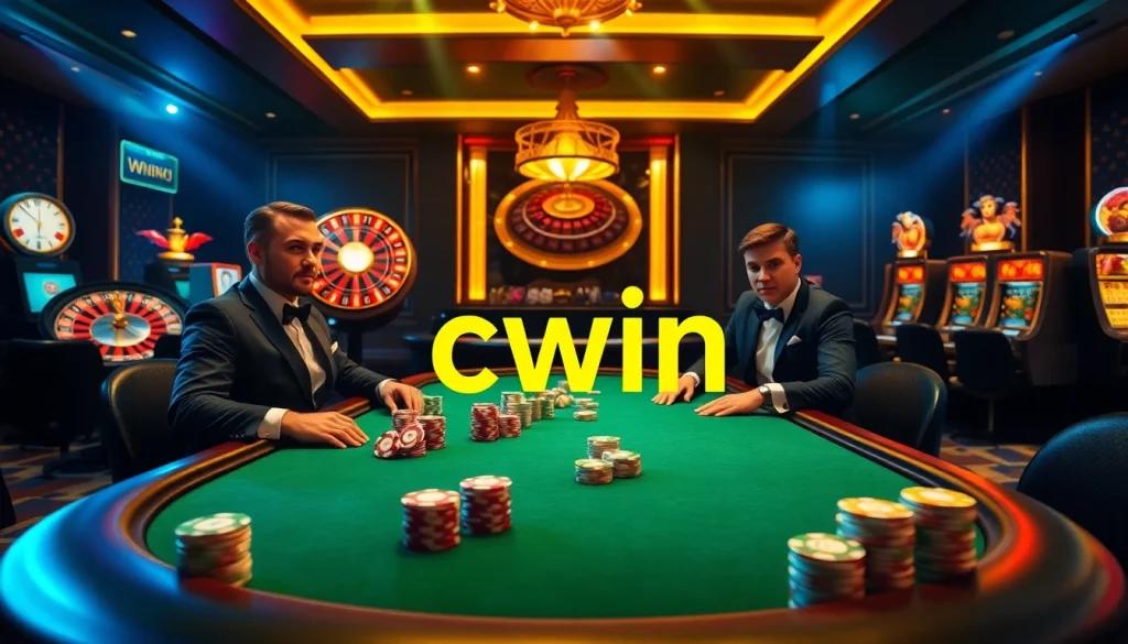 Cwin poker table with glamorous players and colorful chips creating a thrilling gambling atmosphere.
