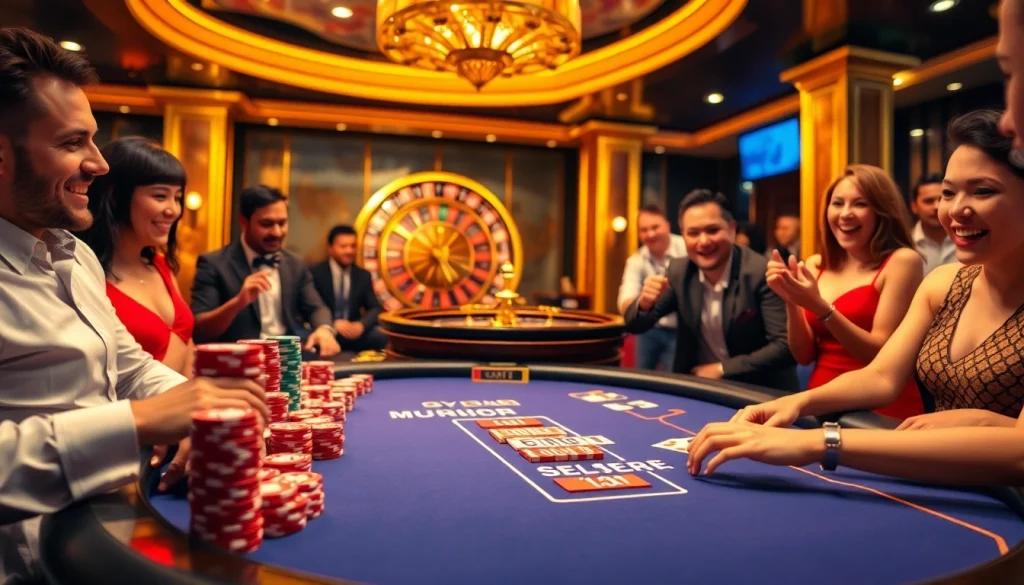 A thrilling live casino scene featuring poker tables and roulette, showcasing excitement from https://bong99.pro/ games.