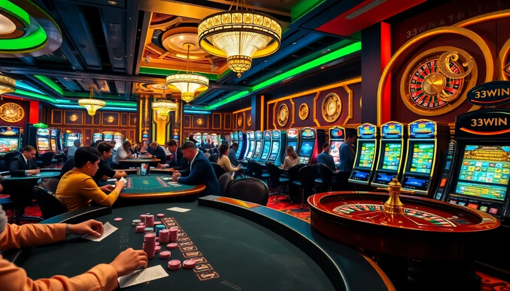 Engaged players at a vibrant casino featuring 33WIN-themed tables and enticing slot machines.
