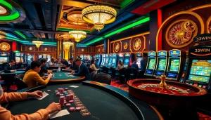 Engaged players at a vibrant casino featuring 33WIN-themed tables and enticing slot machines.