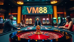 VM88 players enjoying a vibrant, exciting casino experience with roulette and poker action