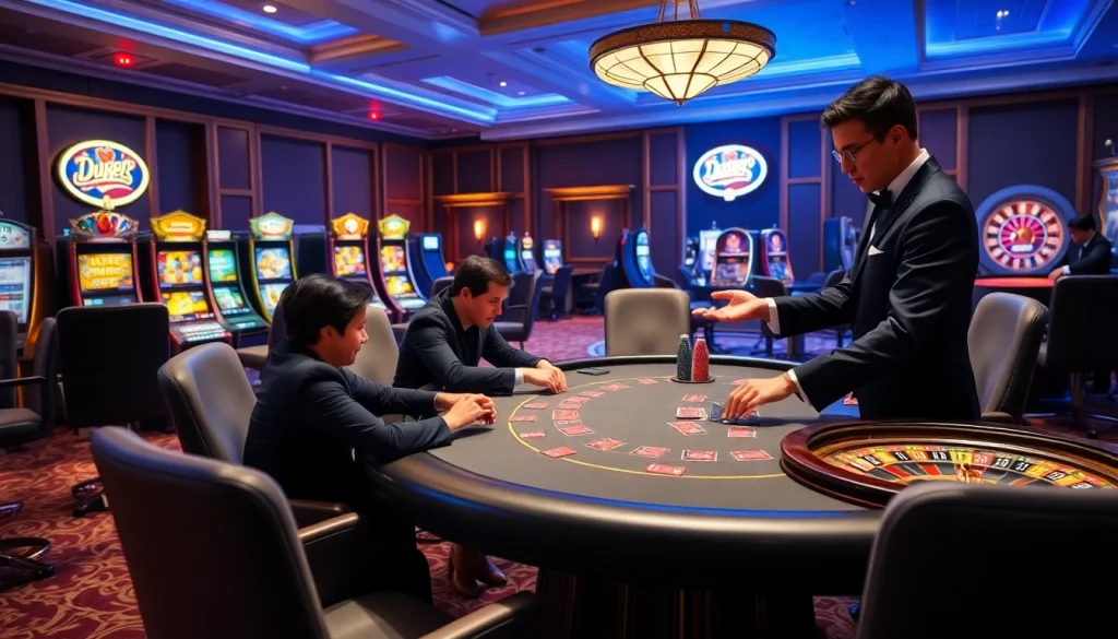Players enjoying a high-stakes poker game at DU388 casino with vibrant slot machines.