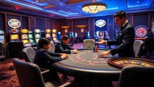 Players enjoying a high-stakes poker game at DU388 casino with vibrant slot machines.