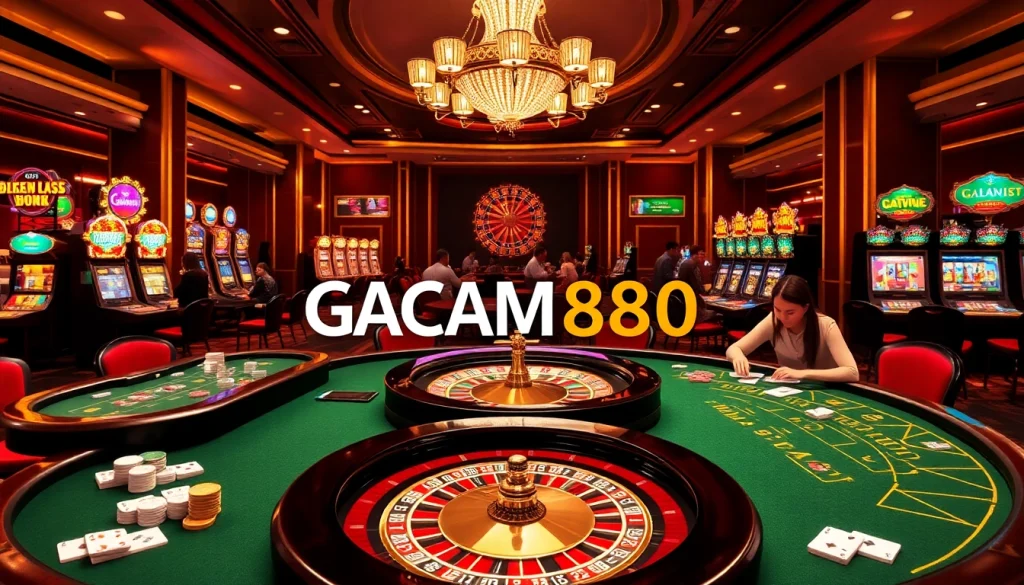 GACAM888 gamblers enjoying a thrilling casino experience with poker tables and slot machines.