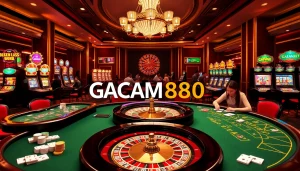 GACAM888 gamblers enjoying a thrilling casino experience with poker tables and slot machines.