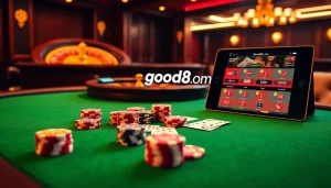 Experience the thrill of poker at good88 com with a luxurious casino setup featuring chips, cards, and a roulette wheel.