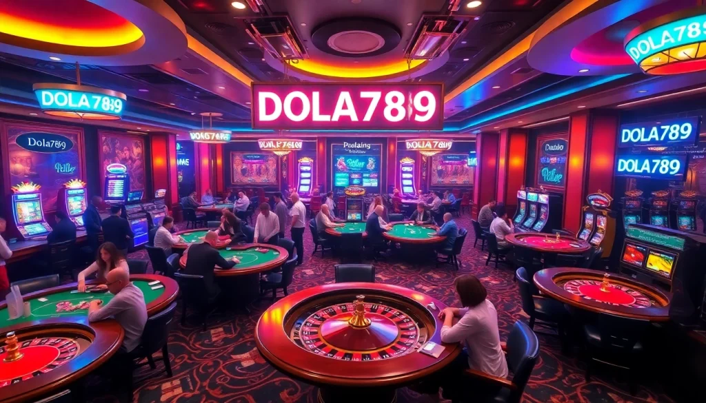 DOLA789 casino setting featuring vibrant poker tables and roulette wheels for gambling excitement