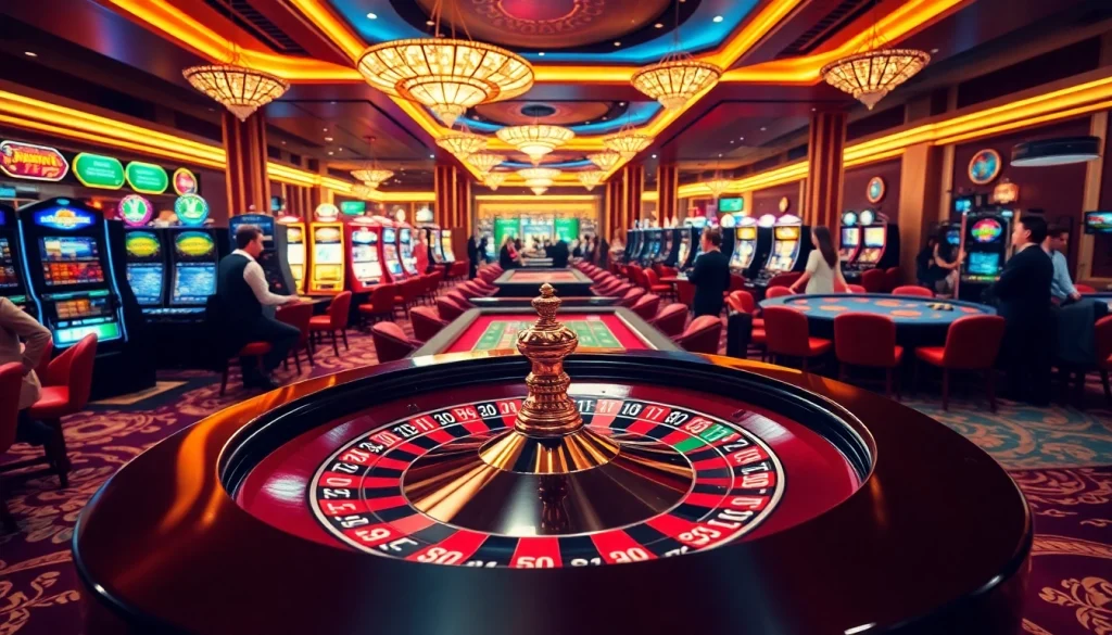 Exciting casino atmosphere featuring gambling tables and the online platform https://xx88.pizza/ showcasing a roulette wheel.