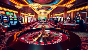 Exciting casino atmosphere featuring gambling tables and the online platform https://xx88.pizza/ showcasing a roulette wheel.