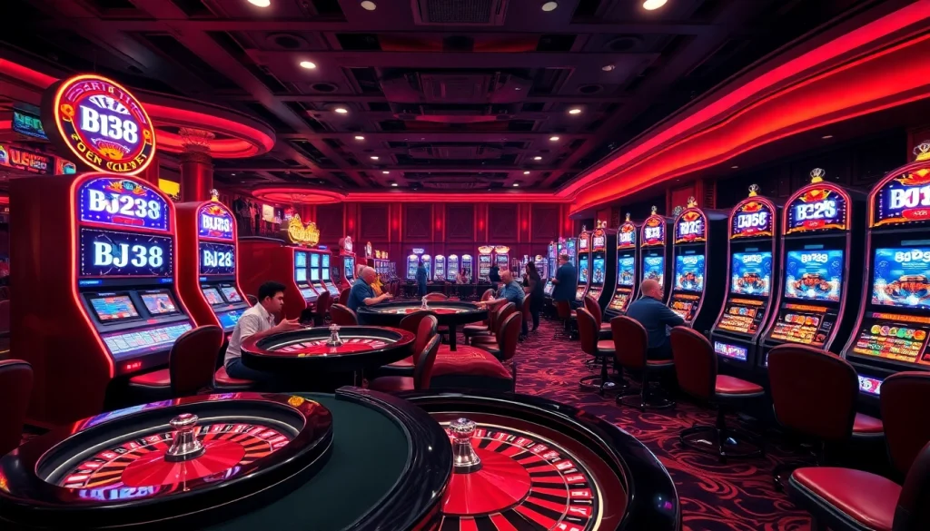 Experience BJ38's immersive gaming atmosphere with vibrant poker tables and slot machines.