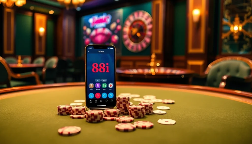 Engaging casino scene with the 88i link app displayed, showcasing poker and roulette excitement.