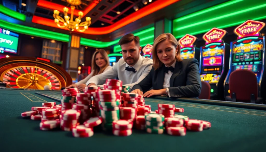 Join the thrilling action at https://kjc.money/ with vibrant casino tables, poker chips in play, and engaging gamblers.