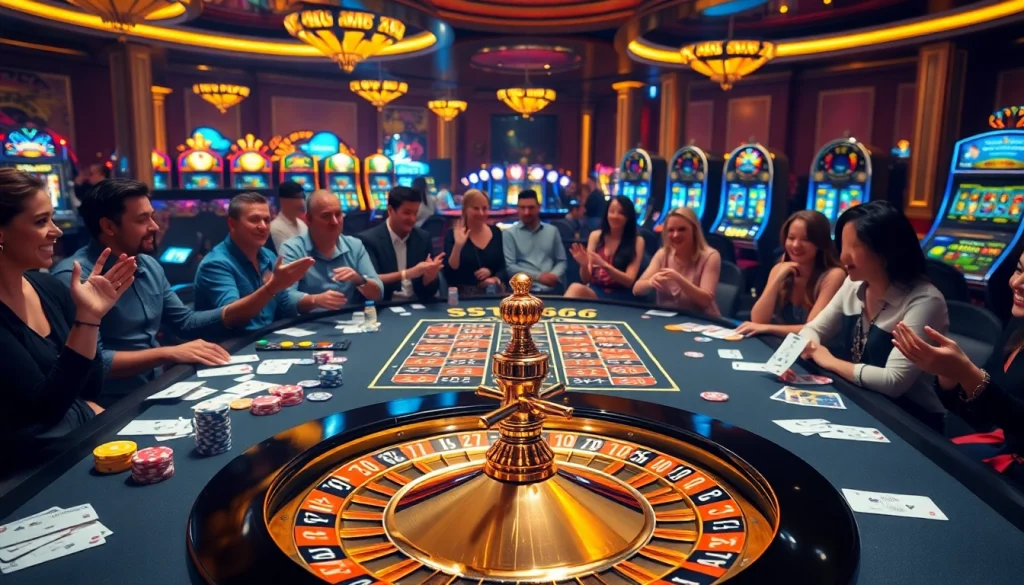 Players experiencing thrilling bets at the ST666 casino gaming table, surrounded by chips and cards.