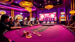 Exciting gambling scene at 79KING with players at a poker table and a spinning roulette wheel