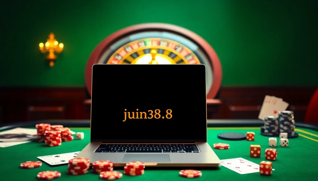 Experience thrilling gambling at https://jun88.buzz/ with a luxurious casino table and vibrant gaming accessories.