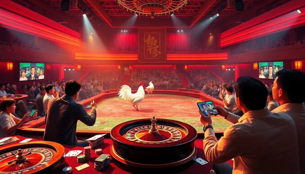 Engaging scene of đá gà 68win live betting excitement with vibrant casino elements.