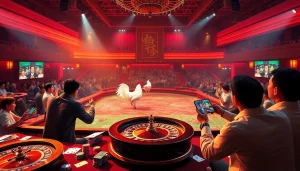 Engaging scene of đá gà 68win live betting excitement with vibrant casino elements.