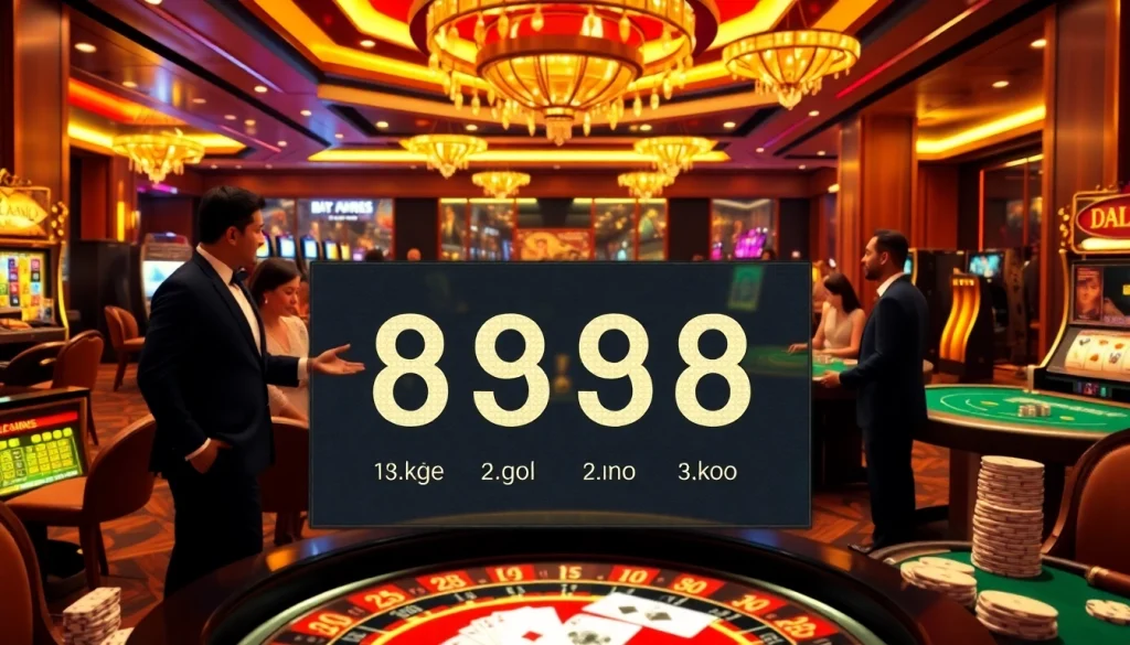 Engaging casino scene featuring bạch thủ lô kép displayed amidst vibrant slot machines and a roulette table.
