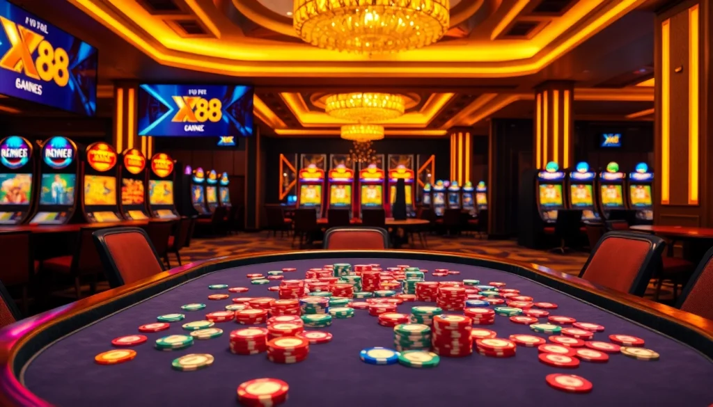 X88 poker table with vibrant chips, immersive casino atmosphere filled with excitement.
