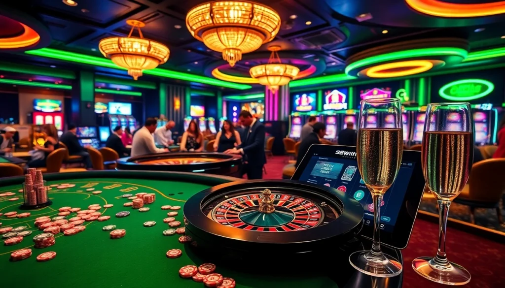 58win players enjoying a vibrant luxury casino gaming experience with roulette and slot machines.
