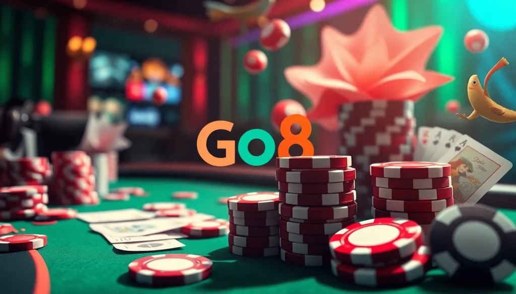 Exciting Go8 Casino scene with poker game elements and vibrant colors.