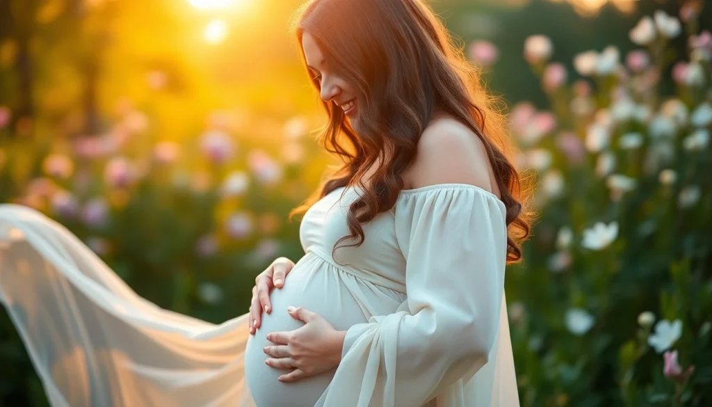 Schwangerschaftsfotografie einer strahlenden werdenden Mutter im Freien mit sanfter Beleuchtung.