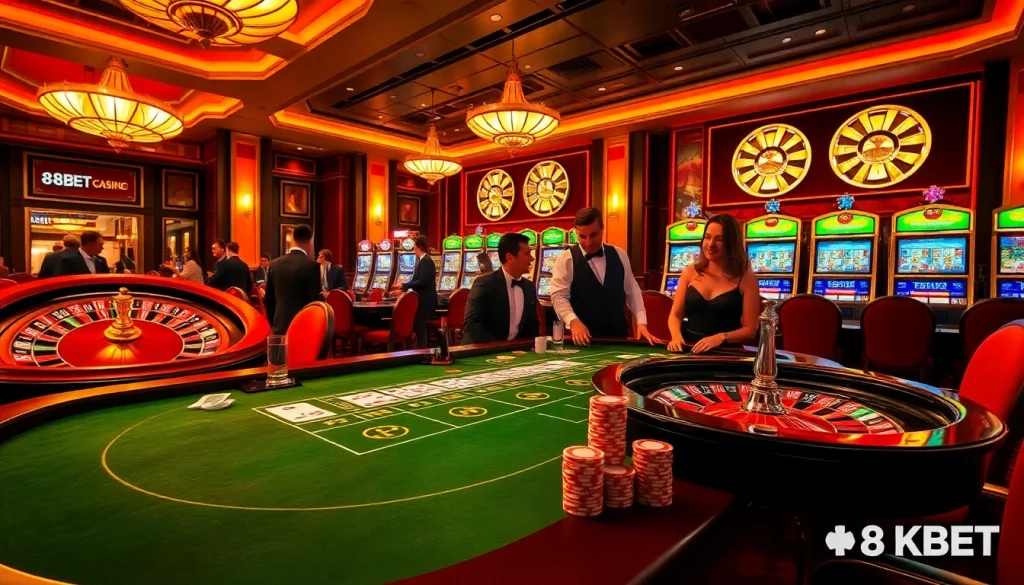 Experience the thrill of 8KBET Casino with vibrant tables, elegant players, and exciting games.