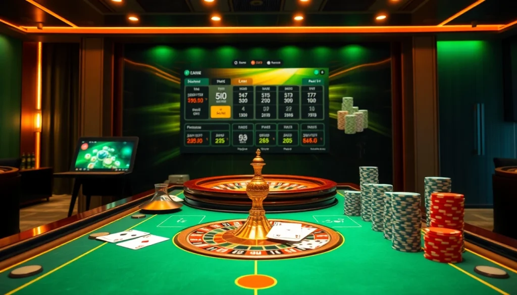 Engaging online gambling scene at home eejl, featuring table games, cards, and vibrant colors.