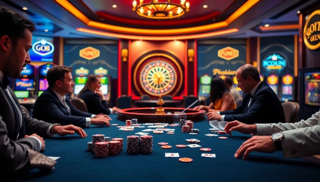 Players placing their GO8 bet at a luxurious casino with dazzling tables and vibrant lights.