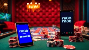 An inviting casino scene featuring the rr88 link interface on a smartphone with gaming elements like chips and cards.