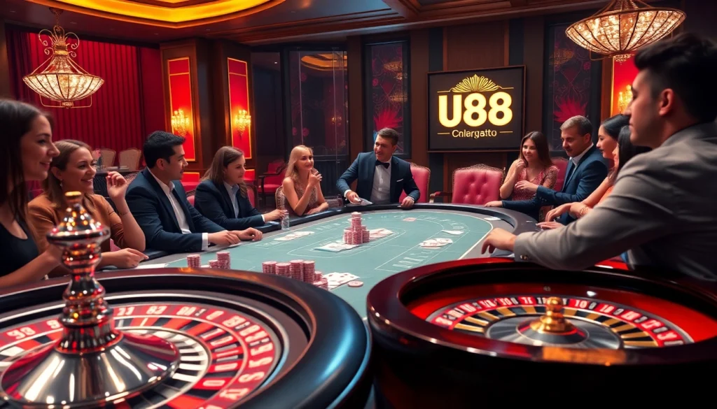 U888 players engaging at a luxurious casino poker table with chips and glowing ambiance.