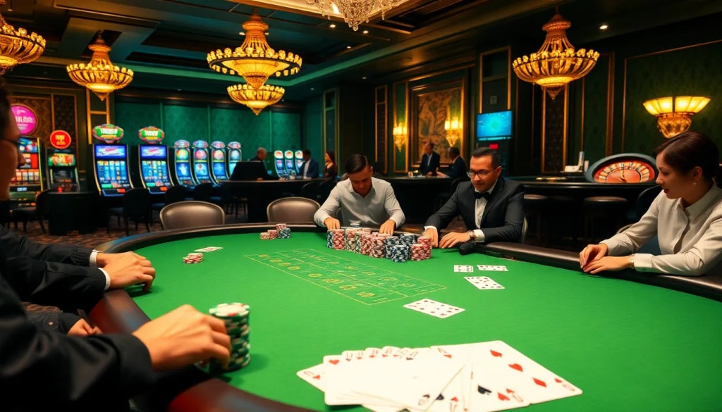 Players engaged in a thrilling poker game at GK88's luxurious casino, with vibrant chips and cards.