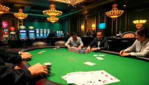 Players engaged in a thrilling poker game at GK88's luxurious casino, with vibrant chips and cards.
