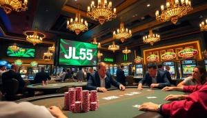 High-stakes poker excitement at the JL55 casino, featuring stacks of chips and vibrant slot machines.