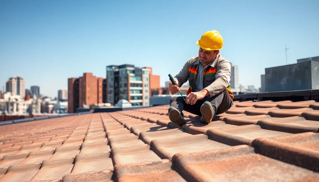 Dachabdichtung Sanierung Konzept durch einen Fachmann beim Überprüfen des Dachs in einer urbanen Umgebung