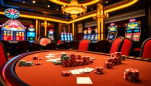 Experience the thrill of game bài đổi thưởng at a high-stakes casino table surrounded by vibrant chips and cards.