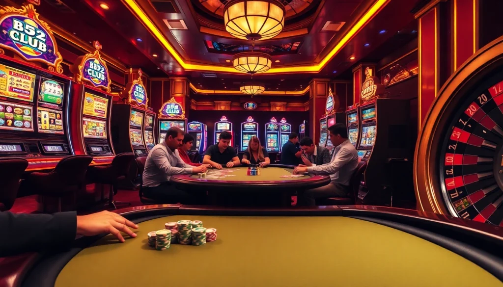 B52 Club poker game with colorful chips and cards in an exciting casino atmosphere.