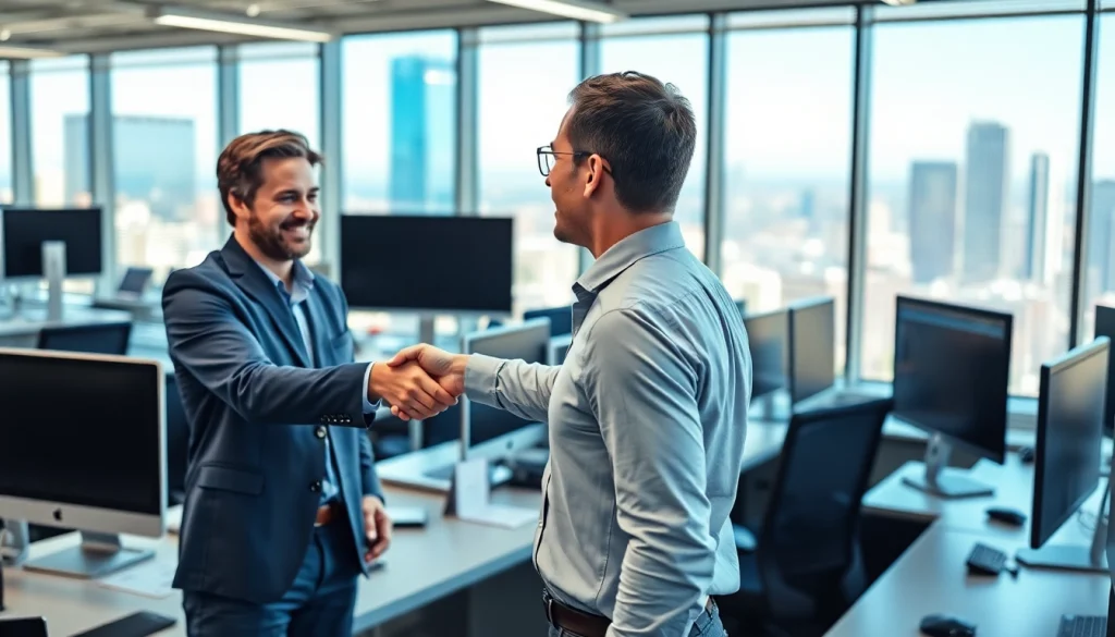 Headhunter IT shaking hands with a candidate in a modern office setting.