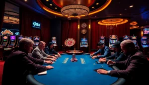 Players engaging in high-stakes poker at the luxurious qh88 casino, blending excitement and strategy.