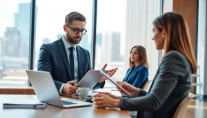 Headhunter IT bespricht Karrieremöglichkeiten in einem modernen Büro mit stilvollem Ambiente.