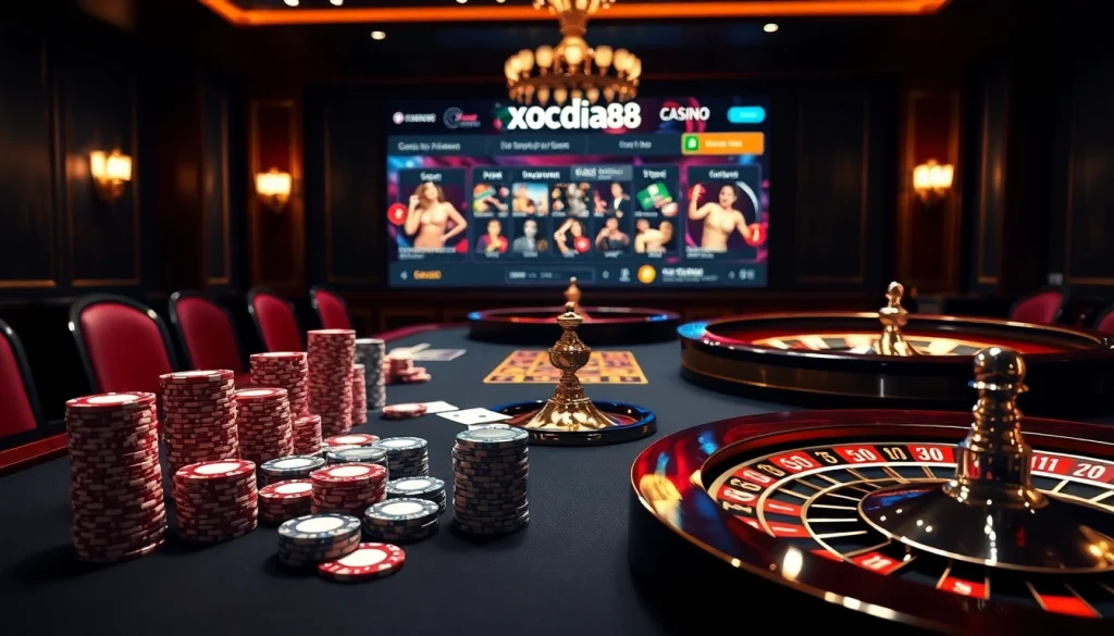 Experience the thrill of gambling with XOCDIA88 showcasing vibrant poker chips and roulette wheels.